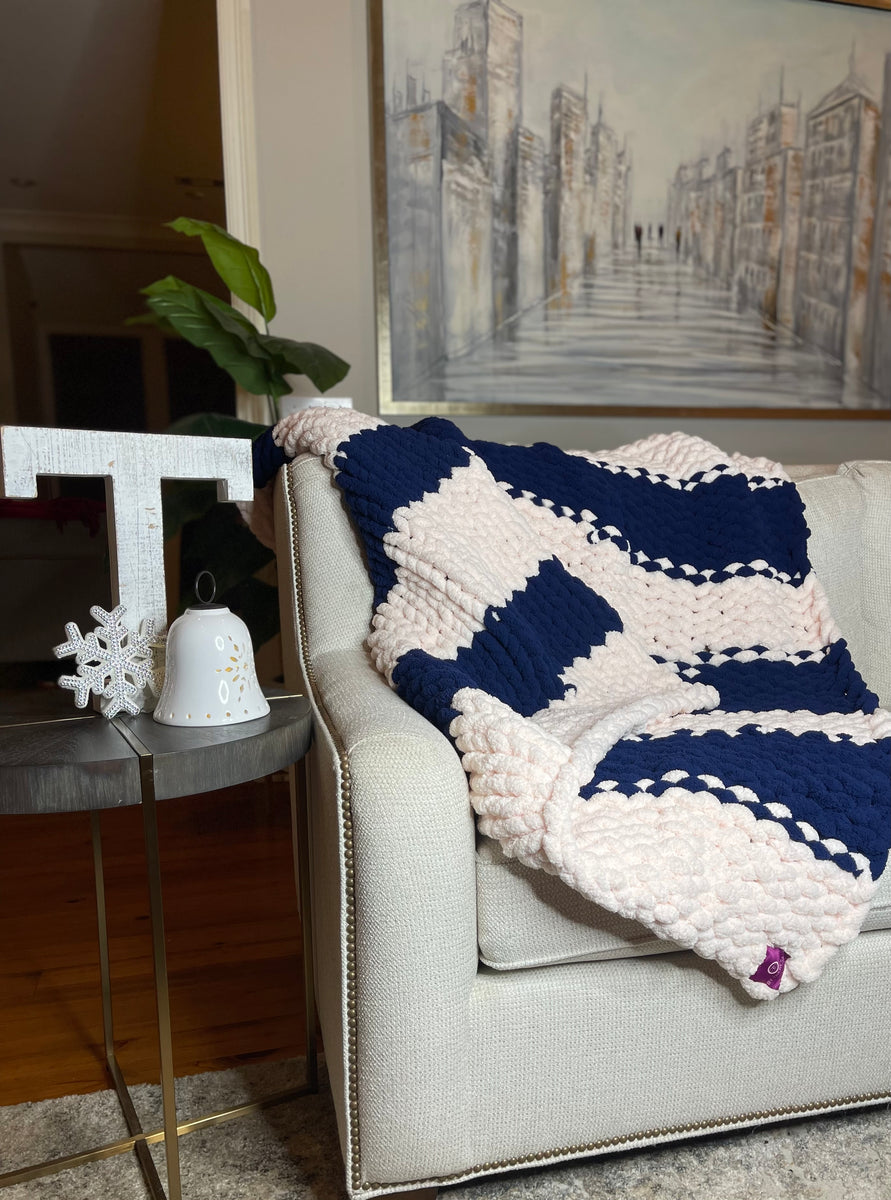 Large Navy blue and light pink chunky knit blanket ByTheresaJ
