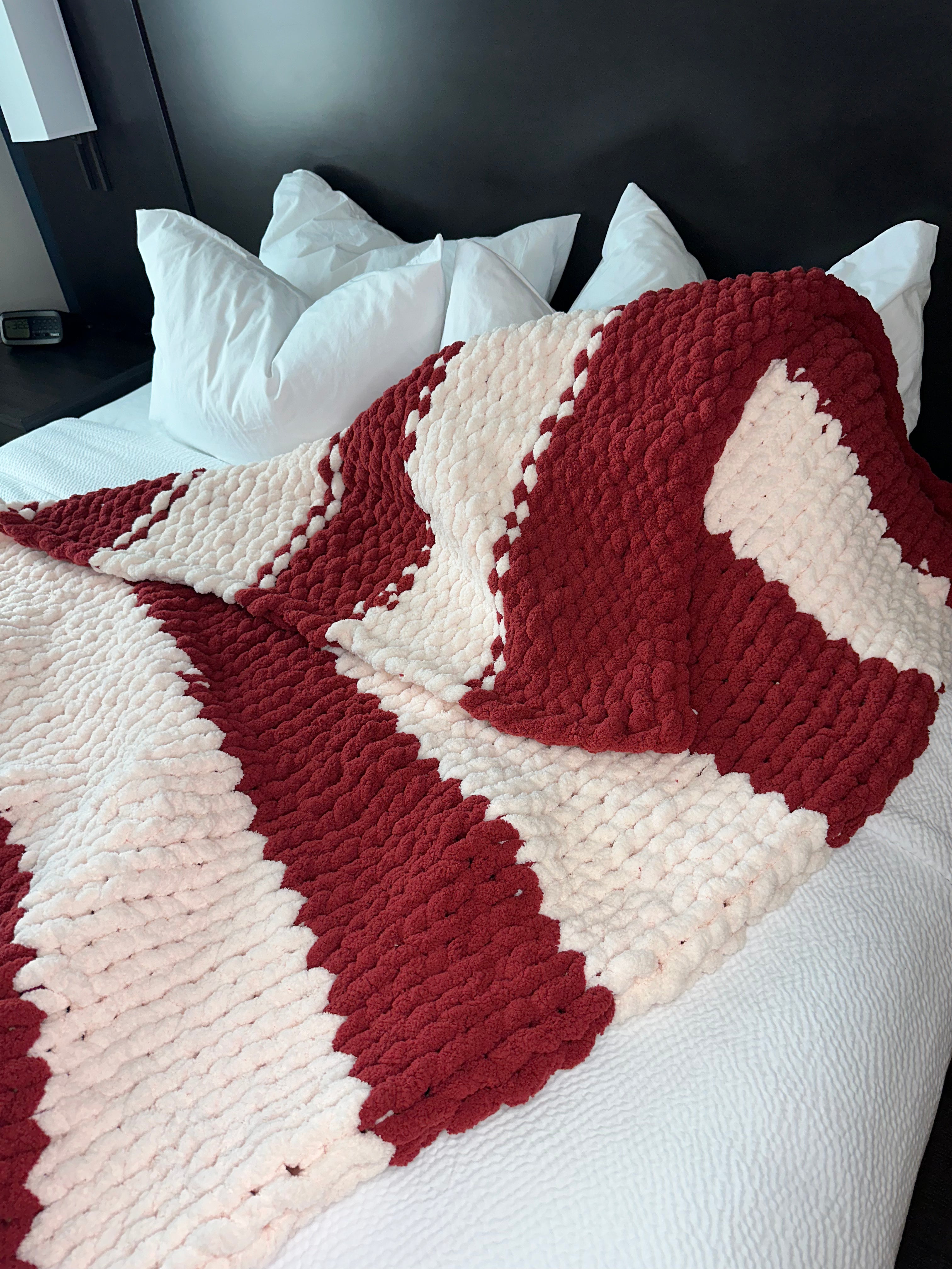 Handmade with Care for You! Large Knitted Throw Blanket Pink & Cranberry