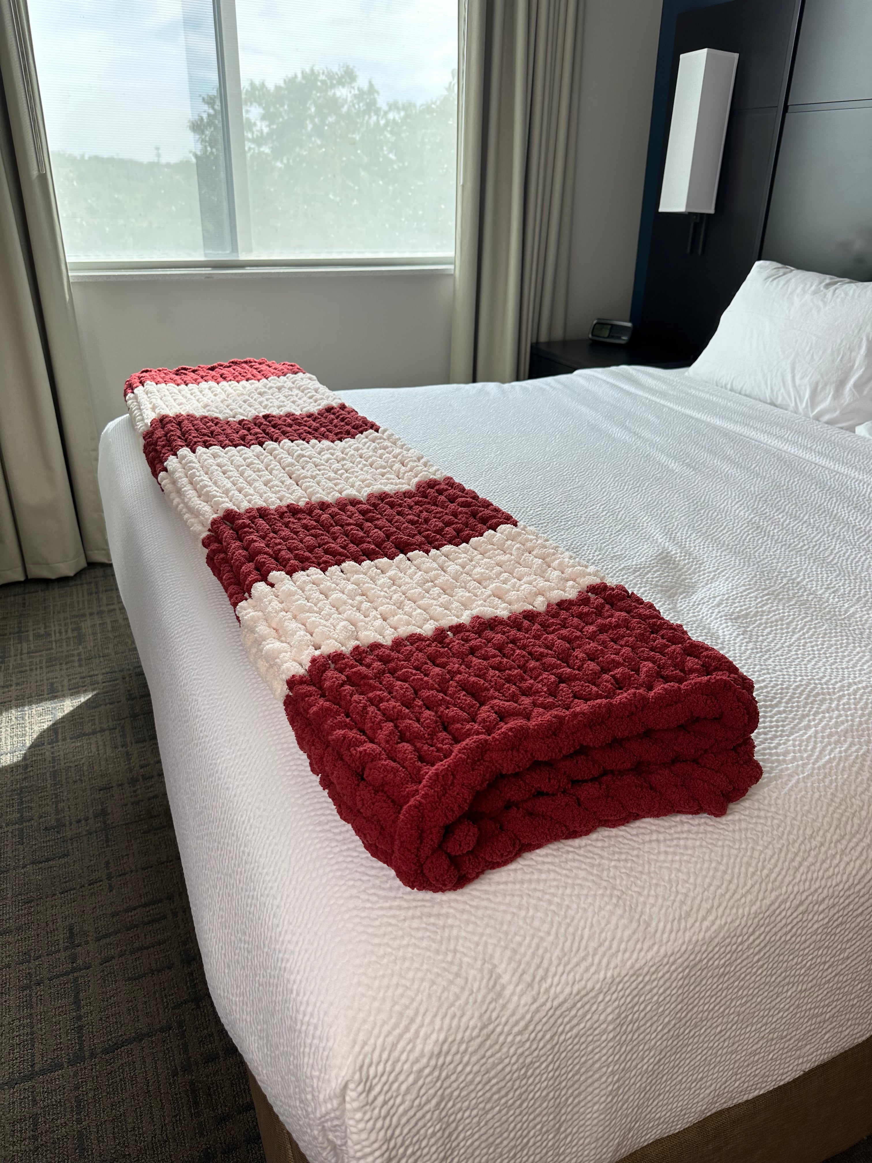Handmade with Care for You! Large Knitted Throw Blanket Pink & Cranberry