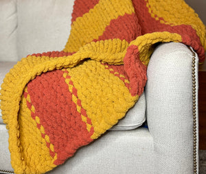 Sale! Handmade Large Mustard yellow (gold) and rust orange knit blanket (Large)